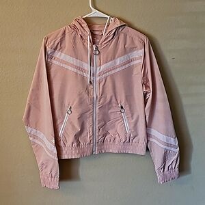 Pink cropped chic windbreaker jacket with white stripes size xs NWT